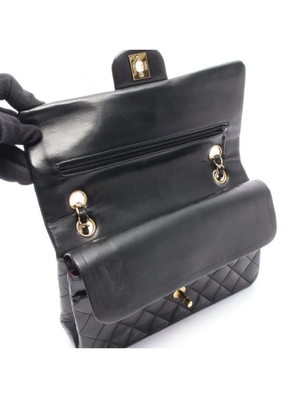 Chanel Shoulder Bag Quilted Double Flap Black Lambskin Chain